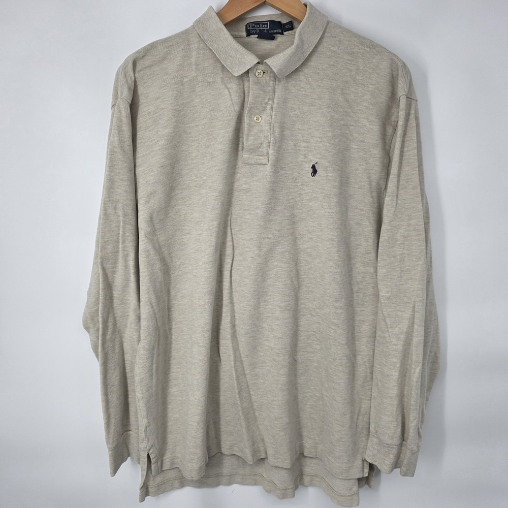 VTG Polo Ralph Lauren Polo Shirt Men XL Beige Creme Long Sleeve Soft Cotton - Picture 2 of 8